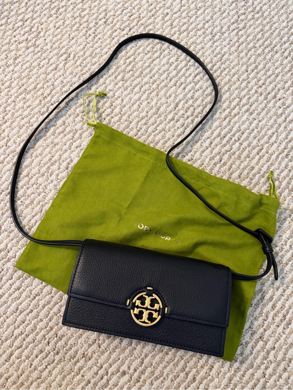 Tory Burch Black Leather Miller Crossbody Wallet with Gold Logo Accent